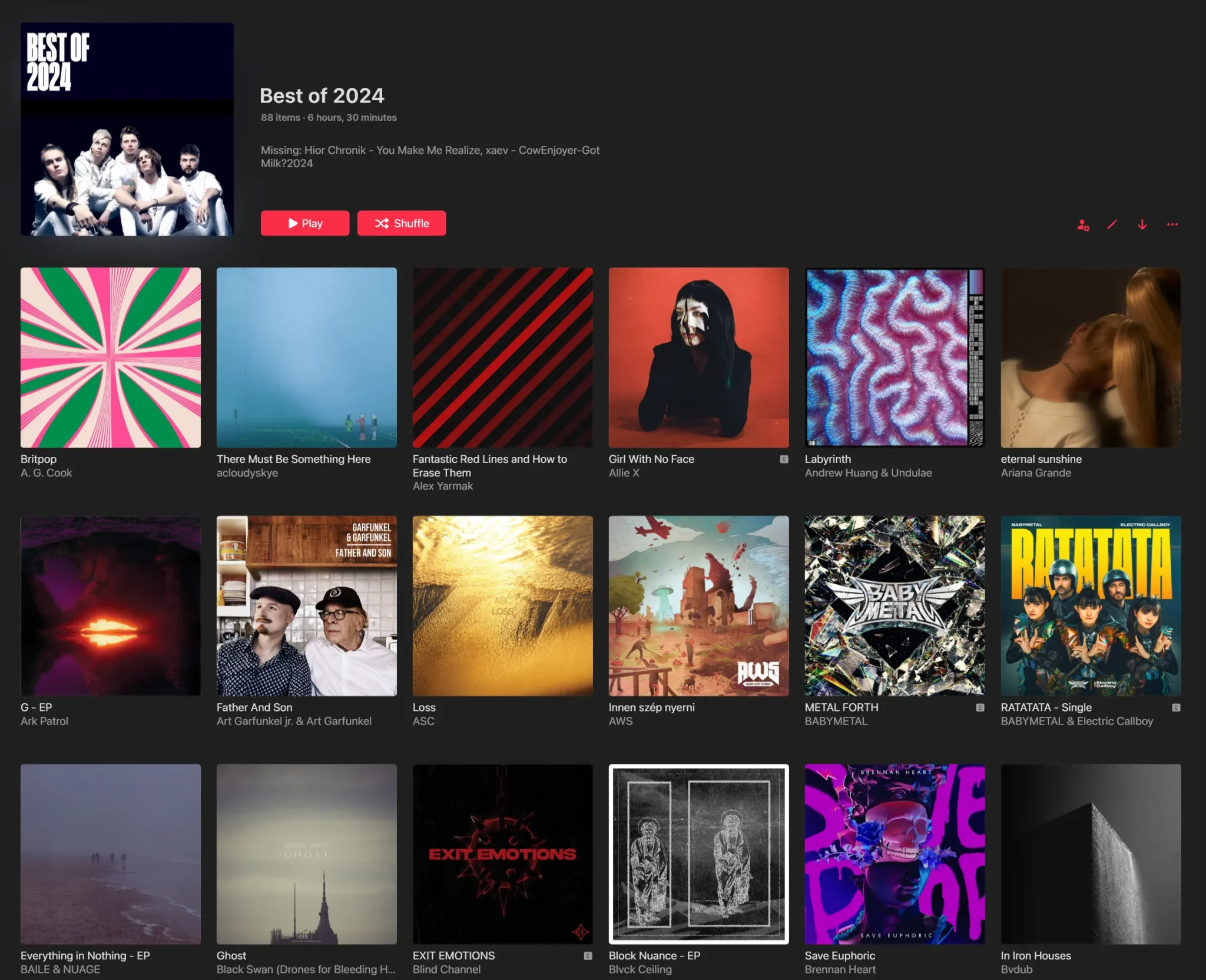 My Best of 2024 playlist laid out in Apple Music for Windows, showing the album art for each album that’s present in this playlist instead of a list view containing tracks.