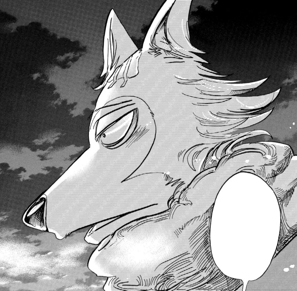 Beastars manga head shot crop of Legoshi, an anthropomorphic gray wolf, looking pensively.