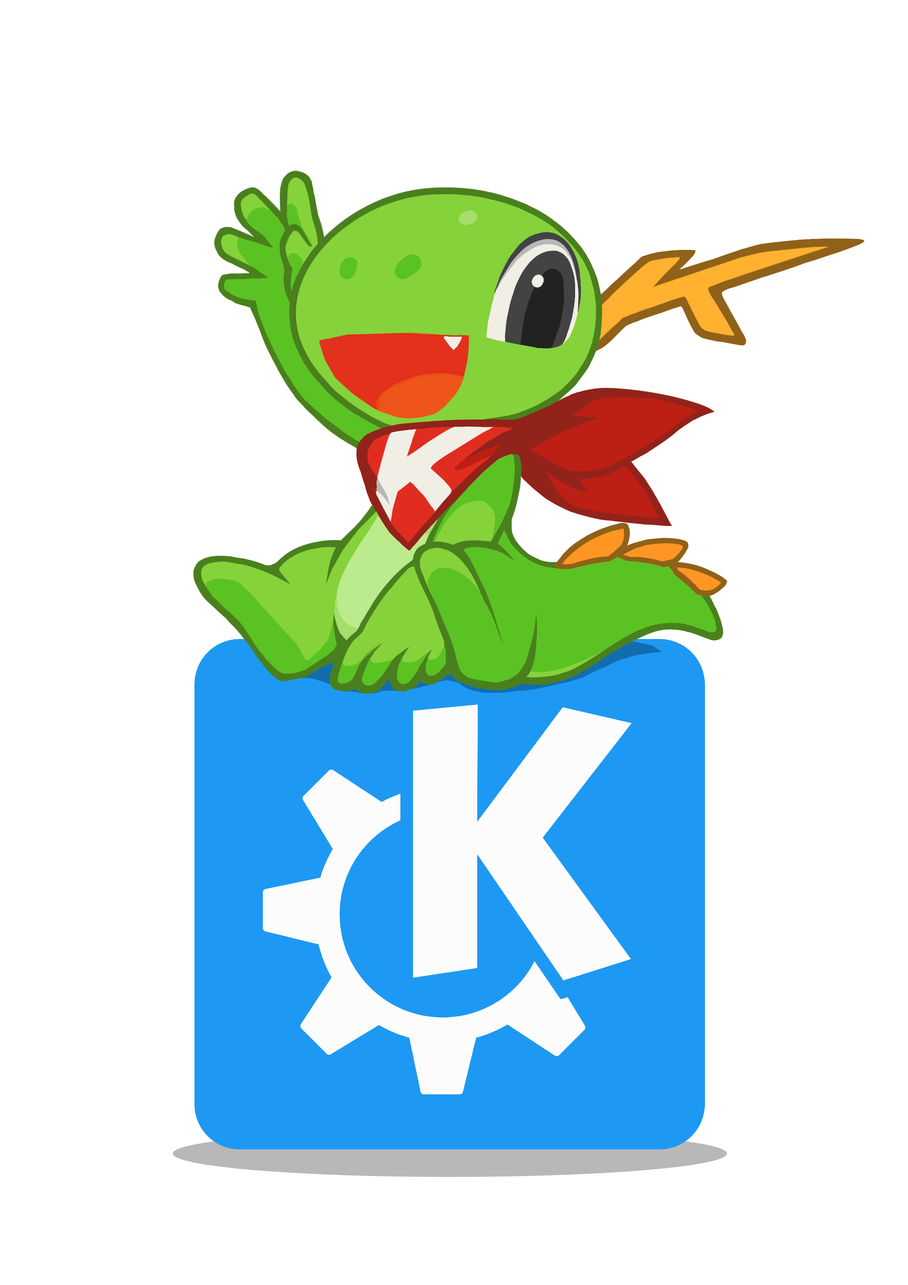 Konqi, the green anime-styled dragon mascot of the KDE desktop environment, waving to the viewer sitting on top of a square KDE logo, represented by a K on top of a cog.