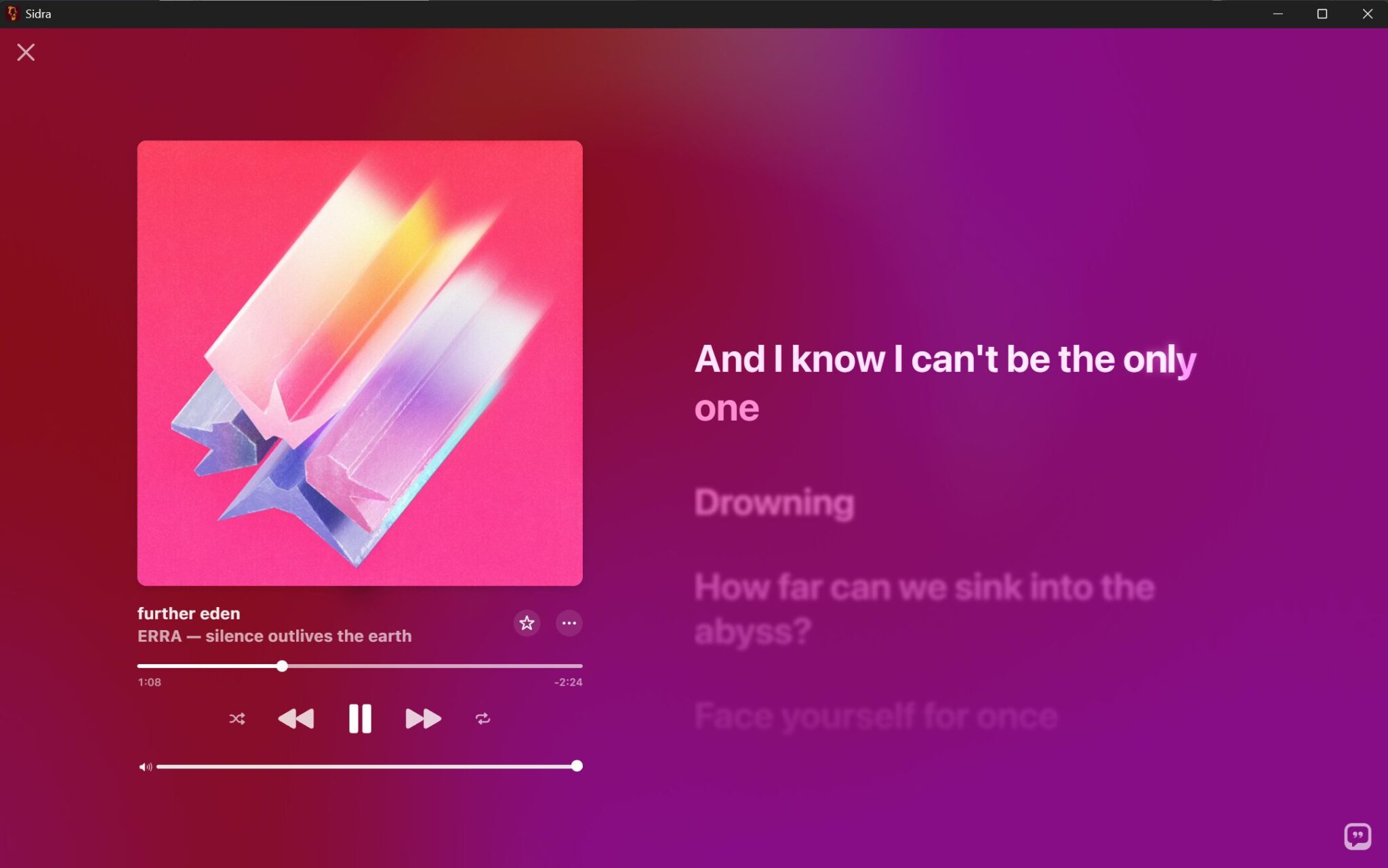 Apple Music's web client running in Sidra, showing the Immersive View displaying the album art and lyrics, which are synced word-by-word like in karaoke. Song: ERRA - further eden