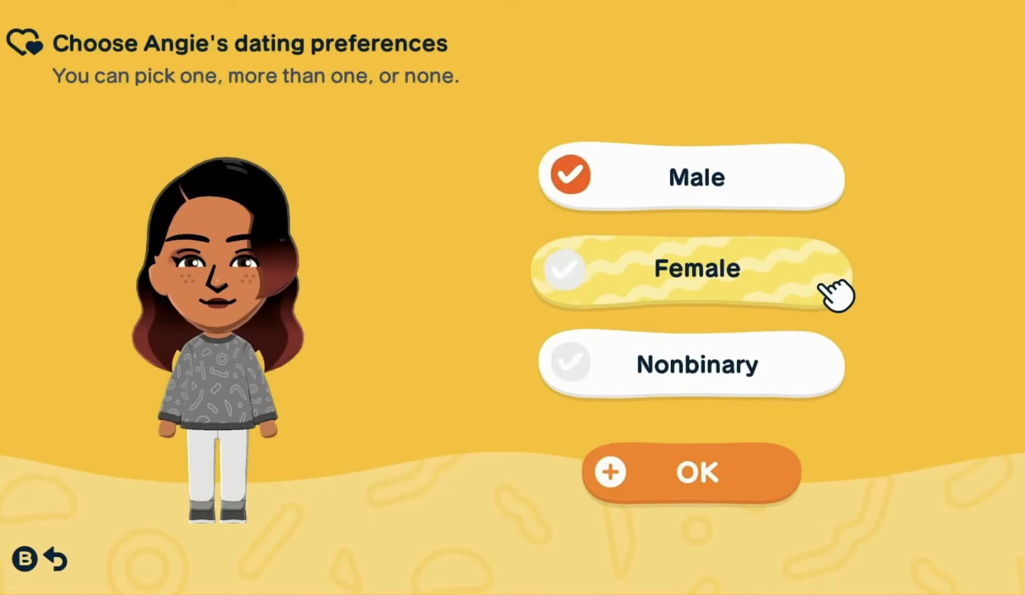 A screenshot of Tomodachi Life: Living the Dream showing the dating preferences for Angie, a Mii with brown skin, long black hair with brown tips and brown eyes. The options for dating preferences are Male, Female and Nonbinary, with the option to pick more than one, or none at all.