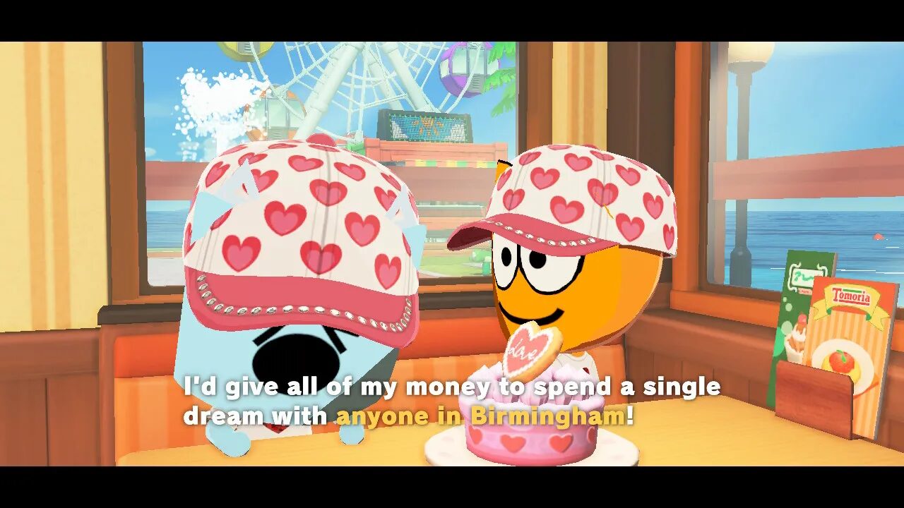 A screenshot of Tomodachi Life: Living the Dream with two Miis - Sadcube (from Just Shapes and Beats - her face is a blue rounded square with triangle cat ears) and Wander (from Wander Over Yonder, an orange alien with a rounded fwoop on the top of his head, with big toony eyes and a big smile) in a fan meeting, wearing a pink and white cap with heart patterns, at a table with a pink cake with hearts around the base, sporting a heart-shaped cookie with Love written on it on top. Sadcube is slamming her hands on the table shouting that she’d give all of her money to spend a single dream with anyone in Birmingham.