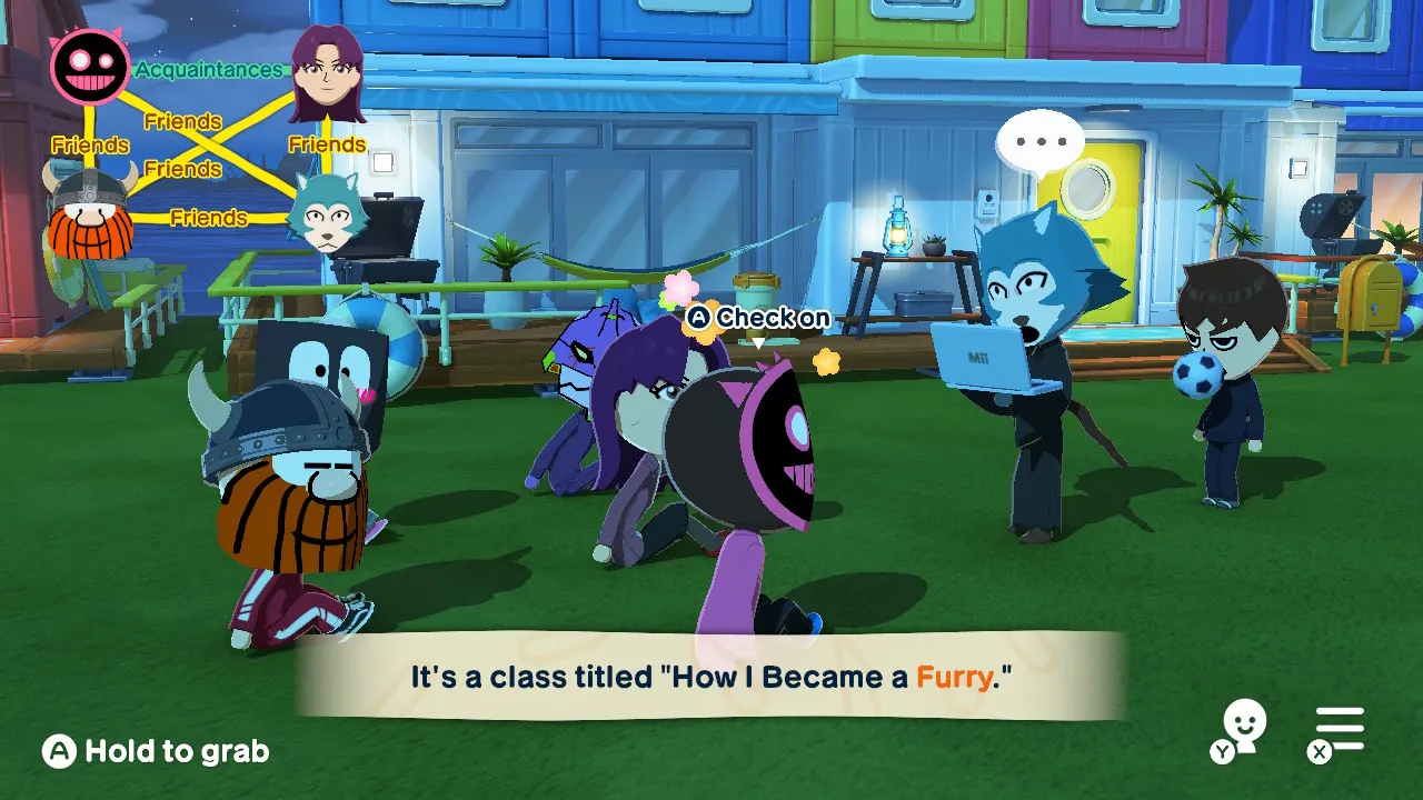 A screenshot of Tomodachi Life showing Legoshi carrying a laptop, hosting a lecture titled ‘How I Became a Furry’. Behind him is my Mii playing keep-up with a soccer ball. The Miis being lectured are, on the front row: Evangelion Unit 01 (purple robot with green accents) and Misato Katsuragi (human woman with long purple hair and brown eyes) - both from Evangelion, Blixer (a circle with triangles attached to him, uneven pink/white eyes and a big grin) from Just Shapes and Beats, Mr. Energizer (an anthropomorphic Energizer battery) and Hagar the Horrible (male human with a big round nose, big smile and a very bushy brown beard).