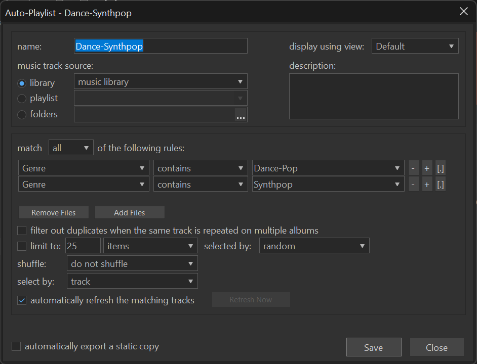 A MusicBee auto-playlist settings window for the Dance-Synthpop playlist, which checks for songs that contain both Dance-Pop and Synthpop