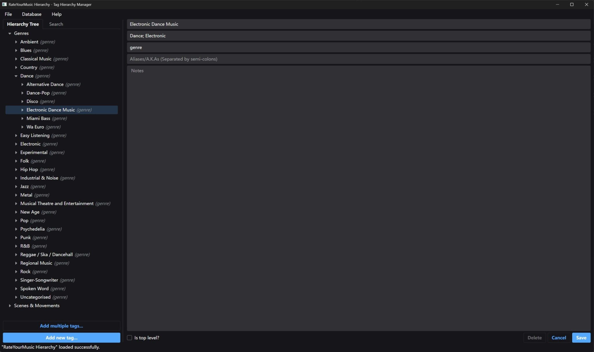 A screenshot of the main window of Tag Hierarchy Manager, showing a sidebar containing a tree view of genres at the left, and an editor UI at the right.